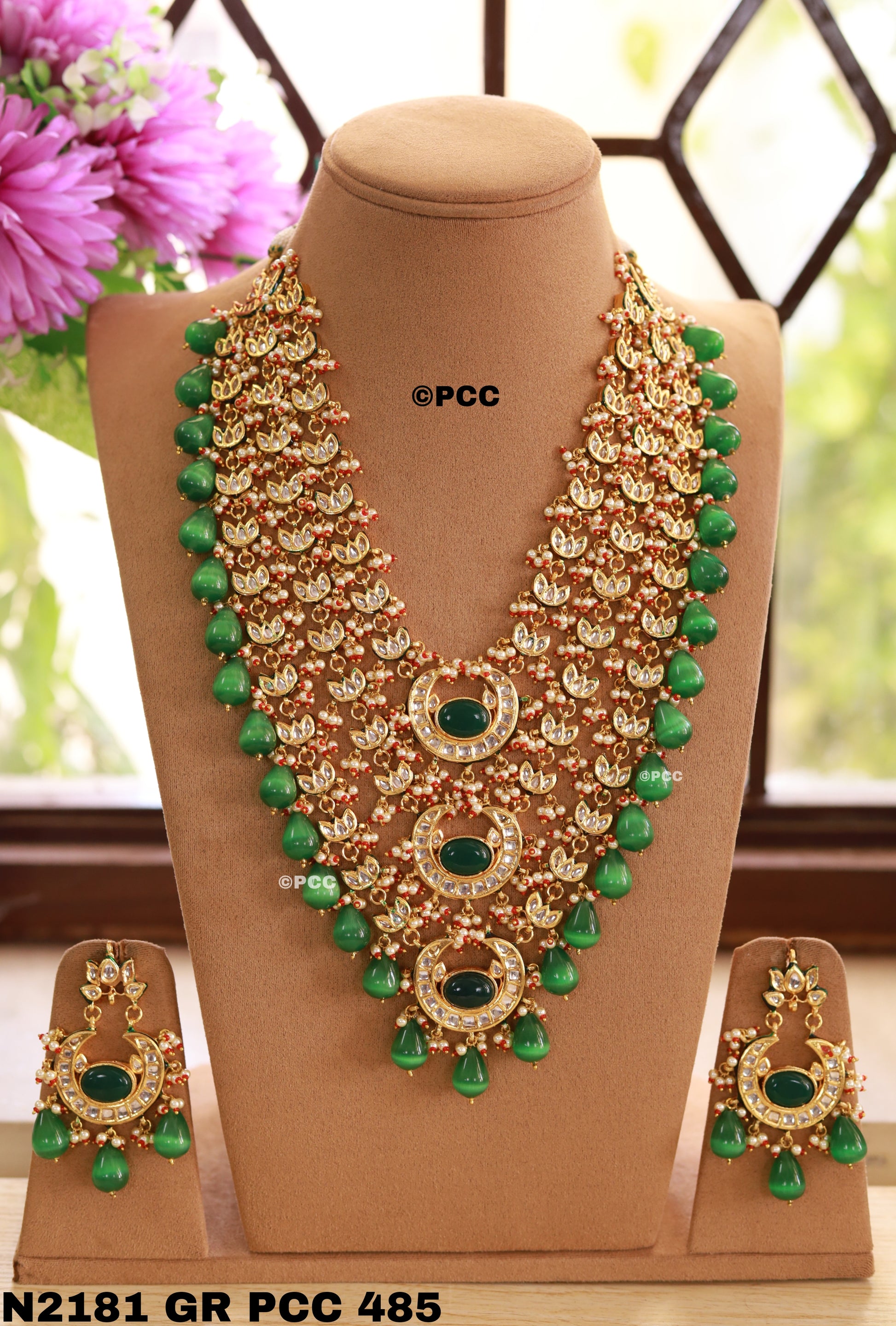 Handmade Kundan & Jade Drops Multi Strand Rajasthani Necklace Set