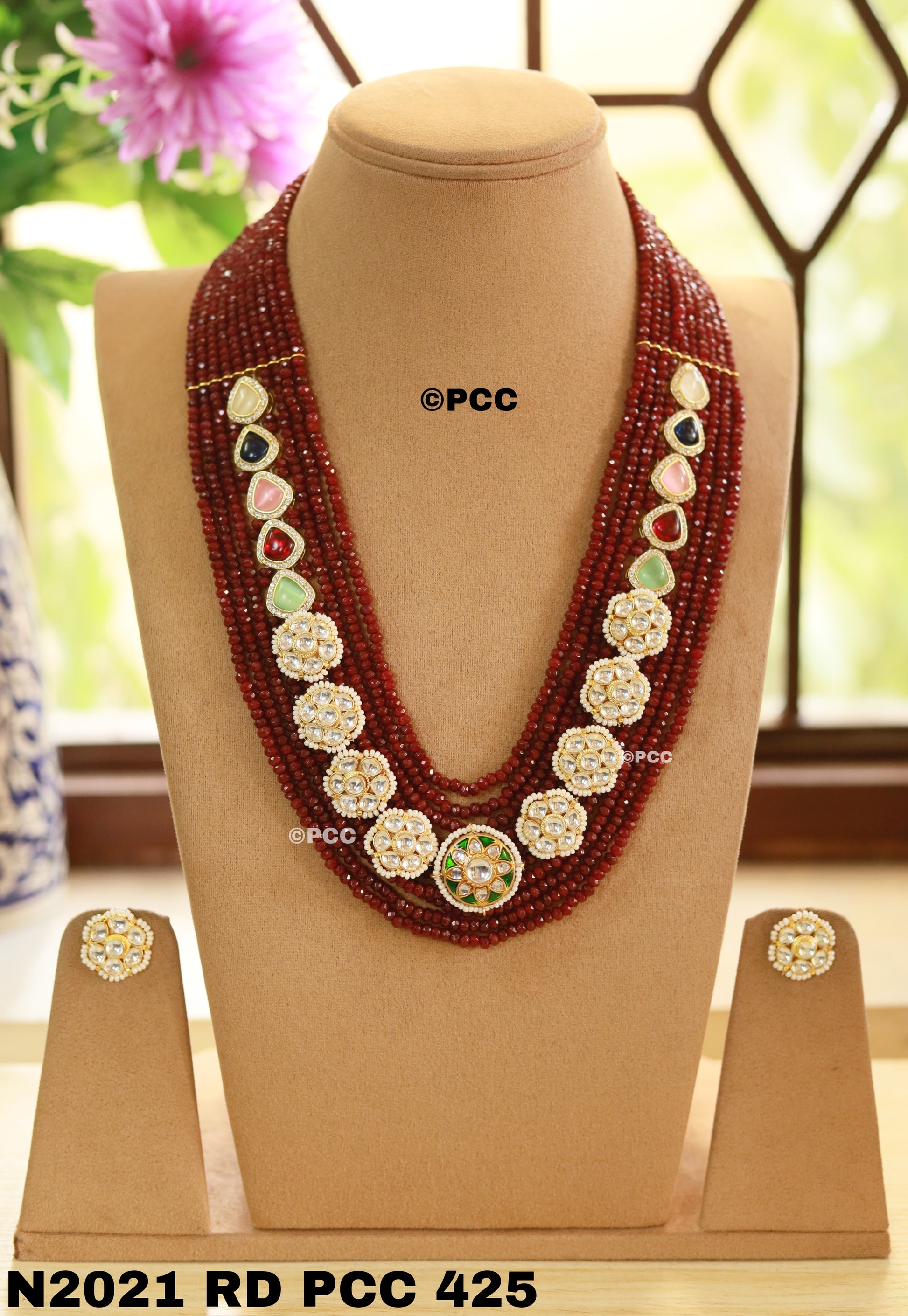 Royal Essence Women Multi Strand Beaded Mala Kundan Necklace