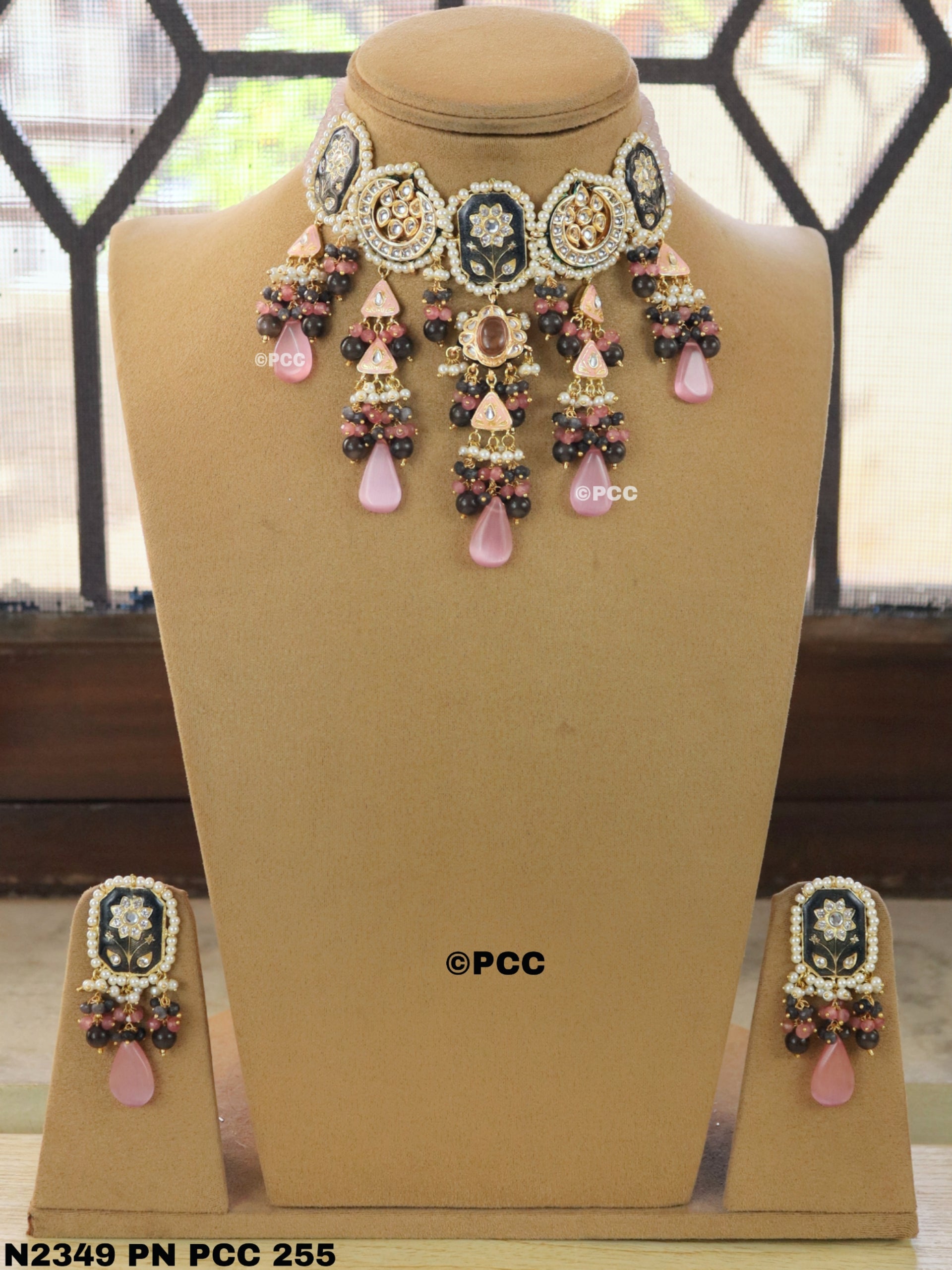 Pink Kundan Meena Pendant Jadau Meena Kundan Hand Work Necklace