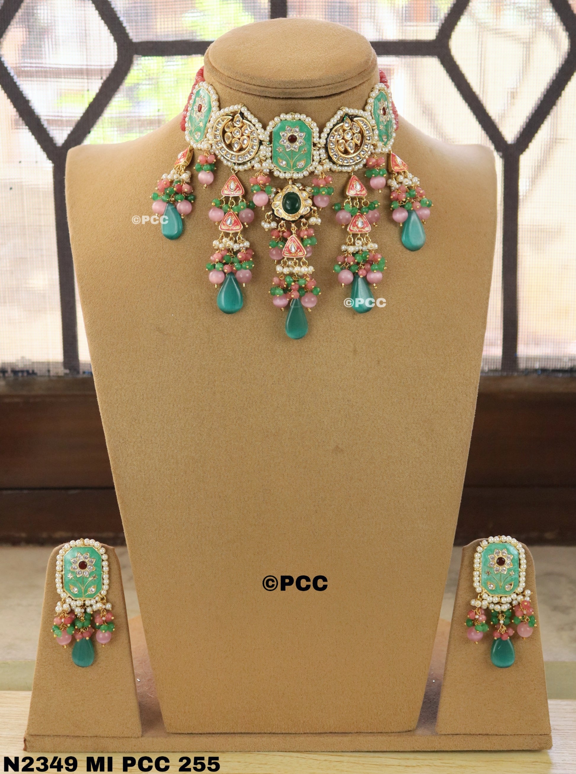 Jadau Meena Kundan Hand Work Necklace & Earrings.