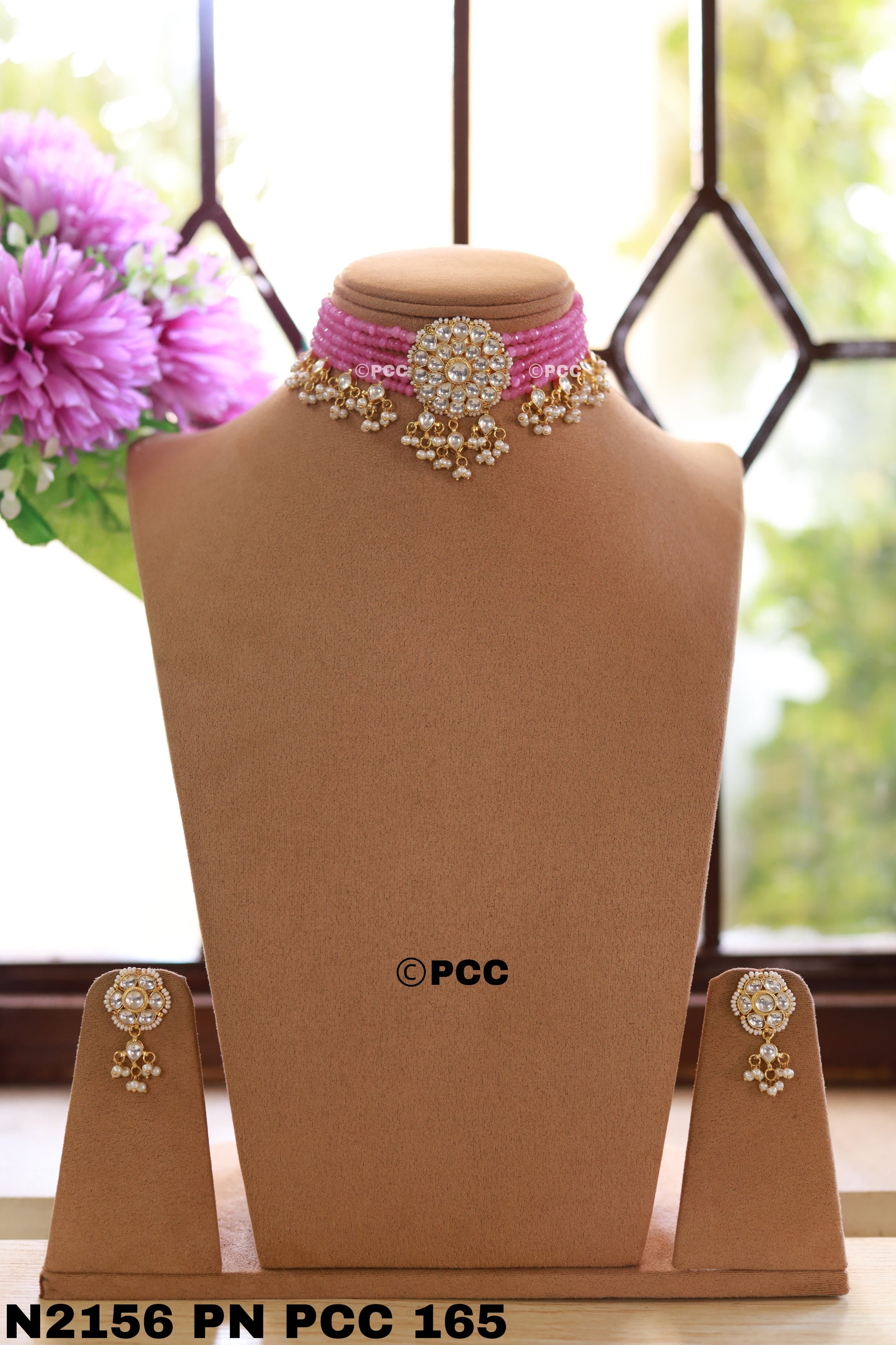 Kundan & Pearls Flowers Choker Necklace & earring Set