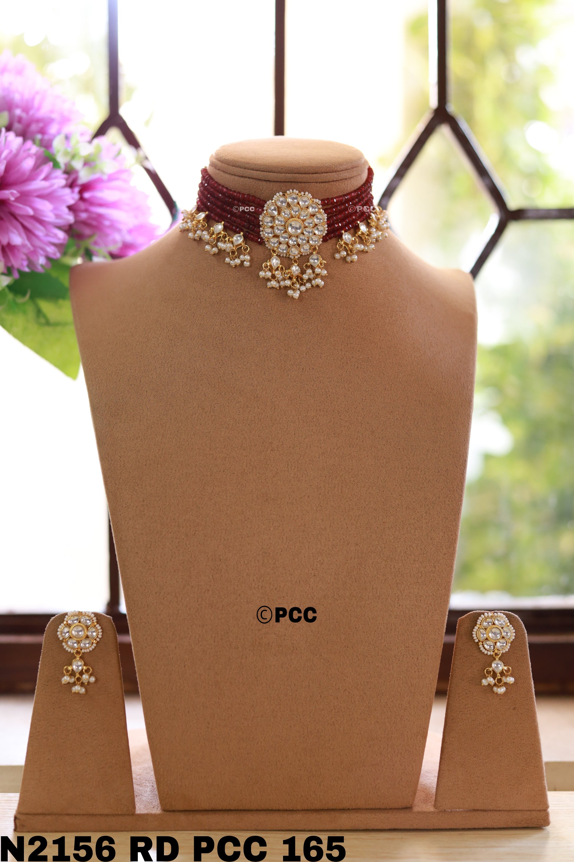 Kundan & Pearls Flowers Choker Necklace & earring Set